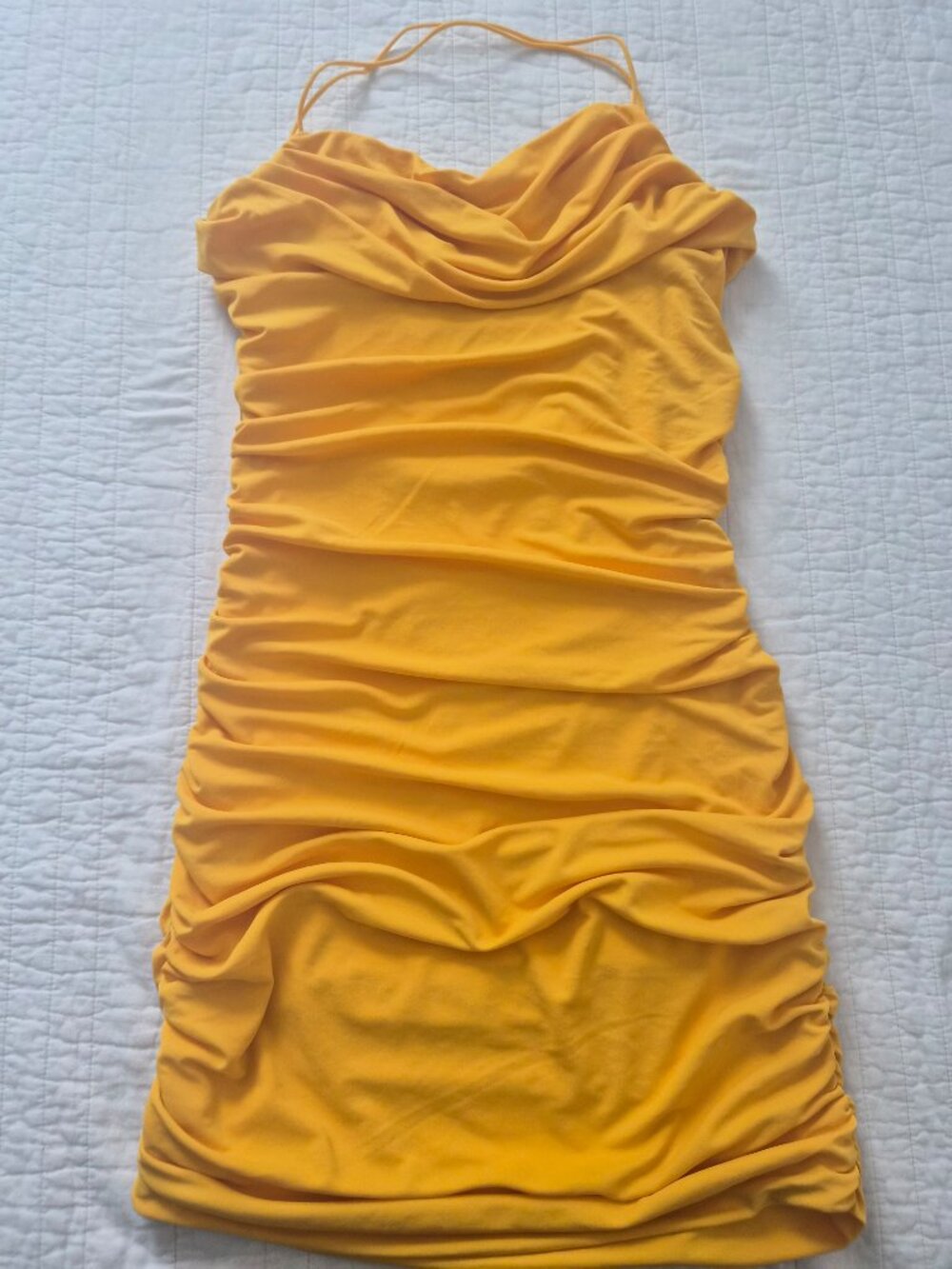 Hot Miami Styles Yellow Ruched Cowl Neck Dress Size M1